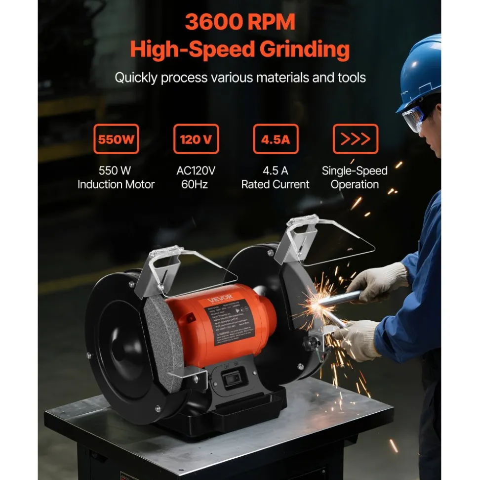 VEVOR Bench Grinder, 8-inch Single Speed Bench Grinder, 3450RPM High-Speed Table Grinders with 550W 4.5A Induction Motor, 36/60-Grit Grinding Wheel & Adjustable Eye Shield for Fast Sharpening Grinding