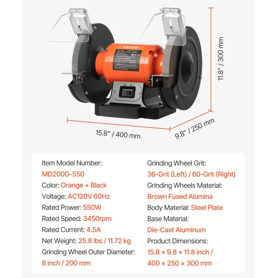 VEVOR Bench Grinder, 8-inch Single Speed Bench Grinder, 3450RPM High-Speed Table Grinders with 550W 4.5A Induction Motor, 36/60-Grit Grinding Wheel & Adjustable Eye Shield for Fast Sharpening Grinding
