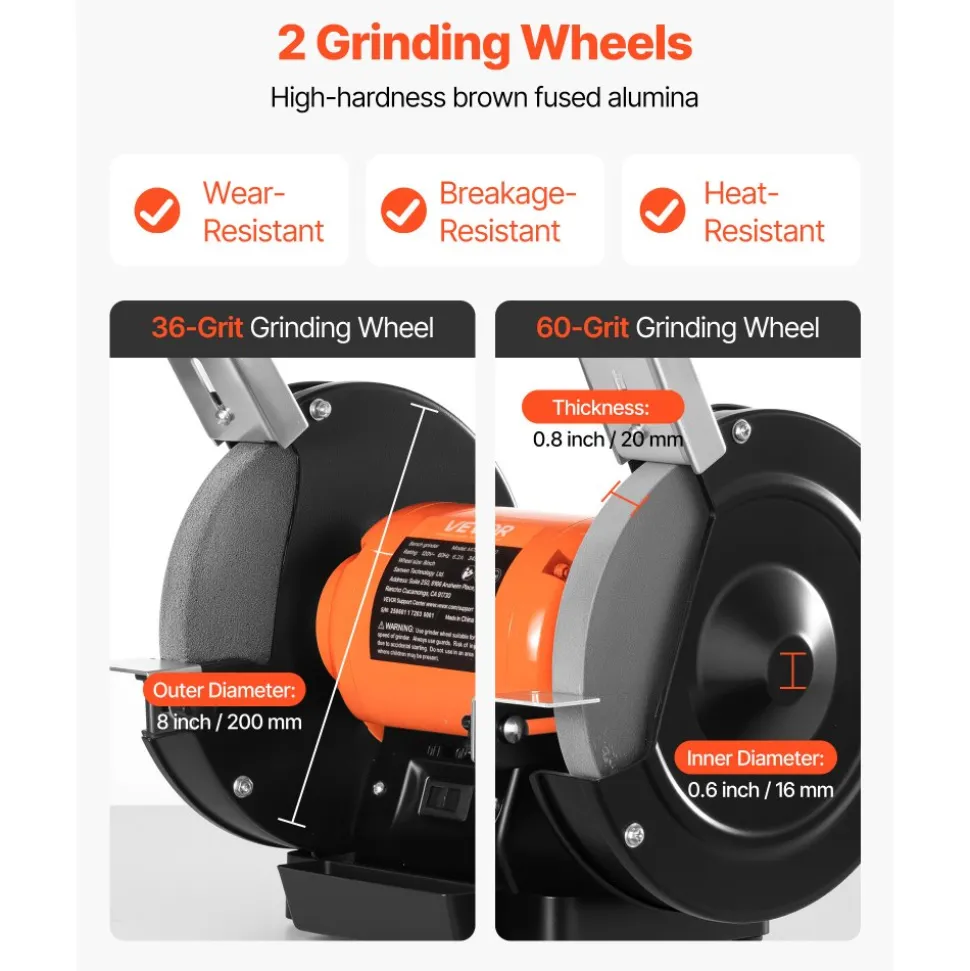 VEVOR Bench Grinder, 8-inch Single Speed Bench Grinder, 3450RPM High-Speed Table Grinders with 750W 6.2A Induction Motor, 36/60-Grit Grinding Wheel & Adjustable Eye Shield for Fast Sharpening Grinding