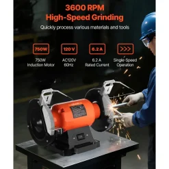 VEVOR Bench Grinder, 8-inch Single Speed Bench Grinder, 3450RPM High-Speed Table Grinders with 750W 6.2A Induction Motor, 36/60-Grit Grinding Wheel & Adjustable Eye Shield for Fast Sharpening Grinding