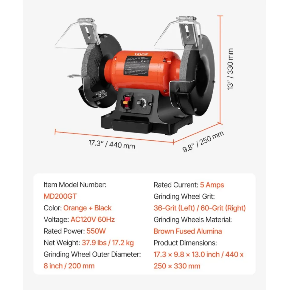 VEVOR Bench Grinder, 8-inch Variable Speed Bench Grinder, 2000-3450RPM Table Grinders with 550W 5.0A Induction Motor, 36/60-Grit Grinding Wheel & Adjustable Eye Shield for Sharpening Grinding