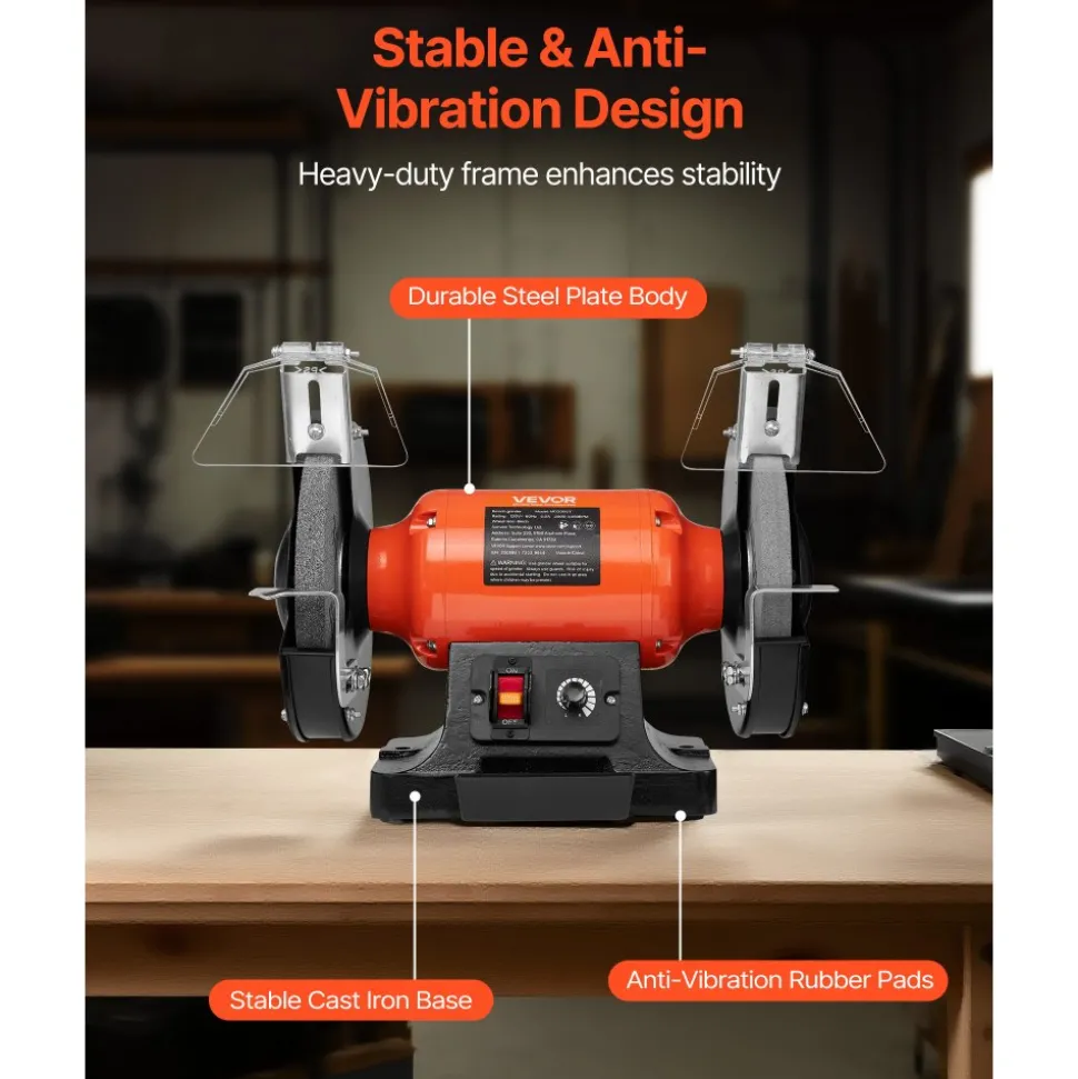 VEVOR Bench Grinder, 8-inch Variable Speed Bench Grinder, 2000-3450RPM Table Grinders with 550W 5.0A Induction Motor, 36/60-Grit Grinding Wheel & Adjustable Eye Shield for Sharpening Grinding