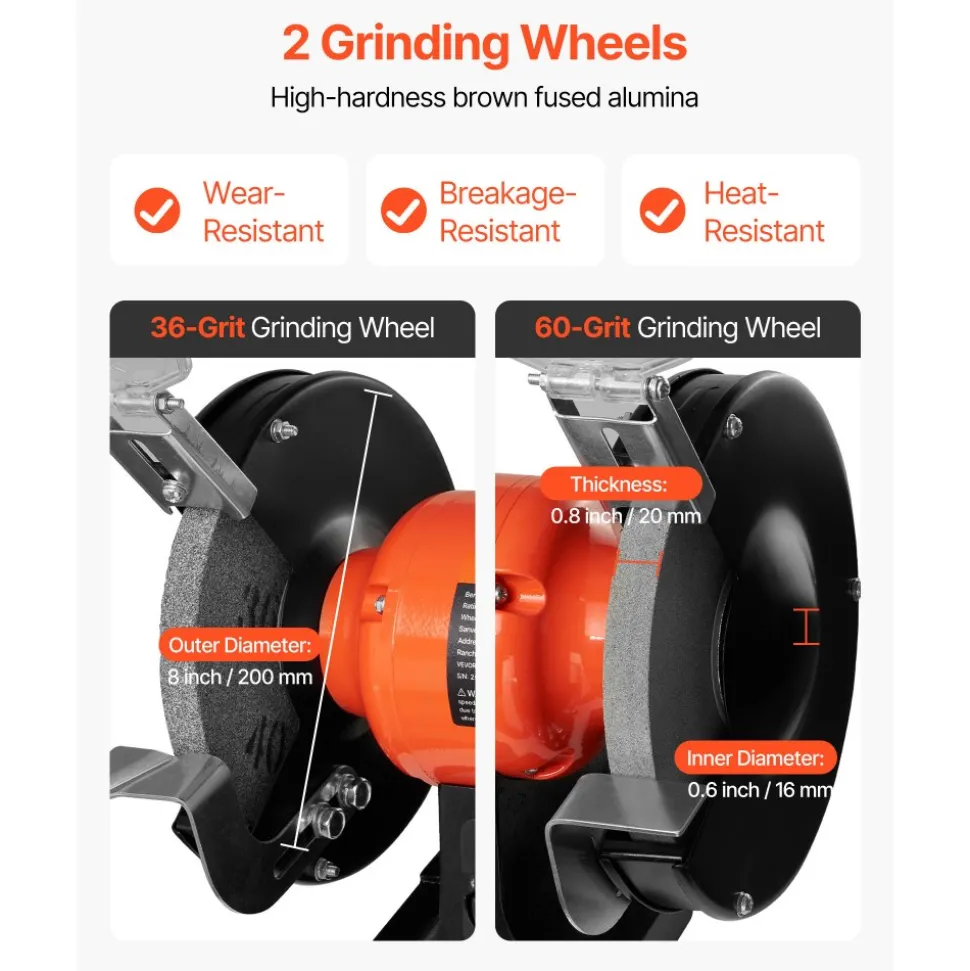 VEVOR Bench Grinder, 8-inch Variable Speed Bench Grinder, 2000-3450RPM Table Grinders with 550W 5.0A Induction Motor, 36/60-Grit Grinding Wheel & Adjustable Eye Shield for Sharpening Grinding