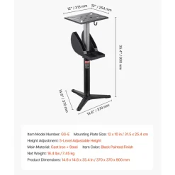 VEVOR Bench Grinder Stand, Bench Grinder Vise Floor Pedestal with 12" x 10" Mounting Plate, 5-Level Height Adjustable Pedestal Stand with Grinding Wheel Storage Compartment & Heavy-Duty Cast Iron Base