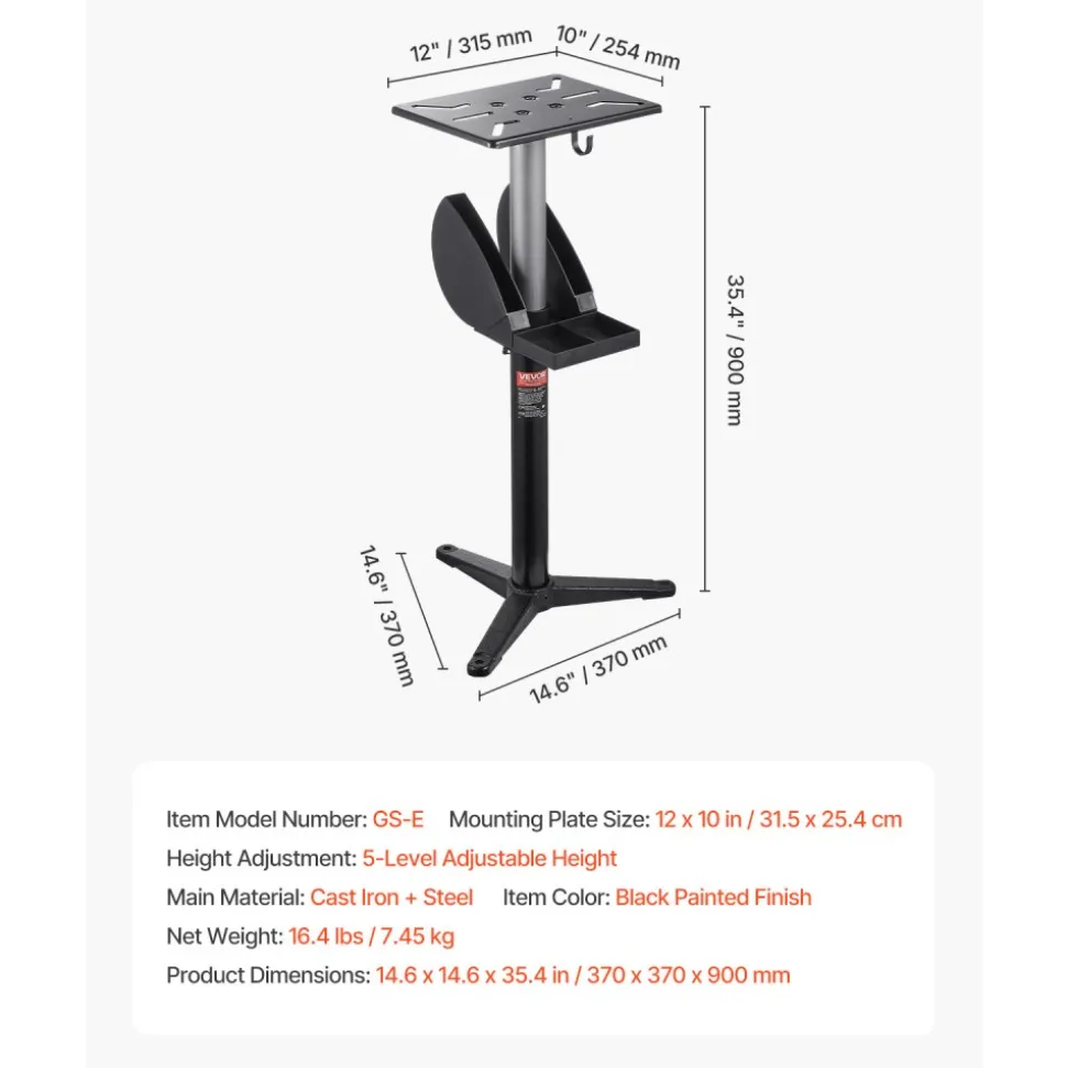 VEVOR Bench Grinder Stand, Bench Grinder Vise Floor Pedestal with 12" x 10" Mounting Plate, 5-Level Height Adjustable Pedestal Stand with Grinding Wheel Storage Compartment & Heavy-Duty Cast Iron Base