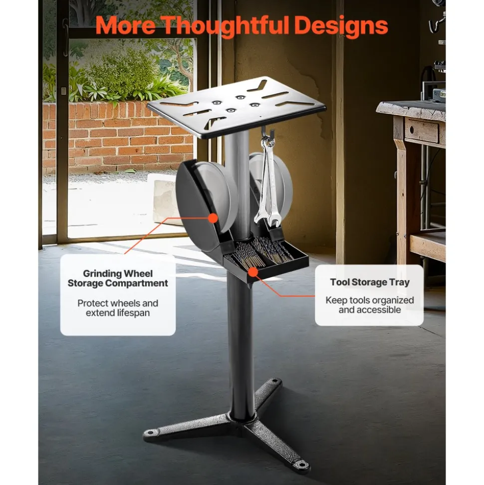 VEVOR Bench Grinder Stand, Bench Grinder Vise Floor Pedestal with 12" x 10" Mounting Plate, 5-Level Height Adjustable Pedestal Stand with Grinding Wheel Storage Compartment & Heavy-Duty Cast Iron Base