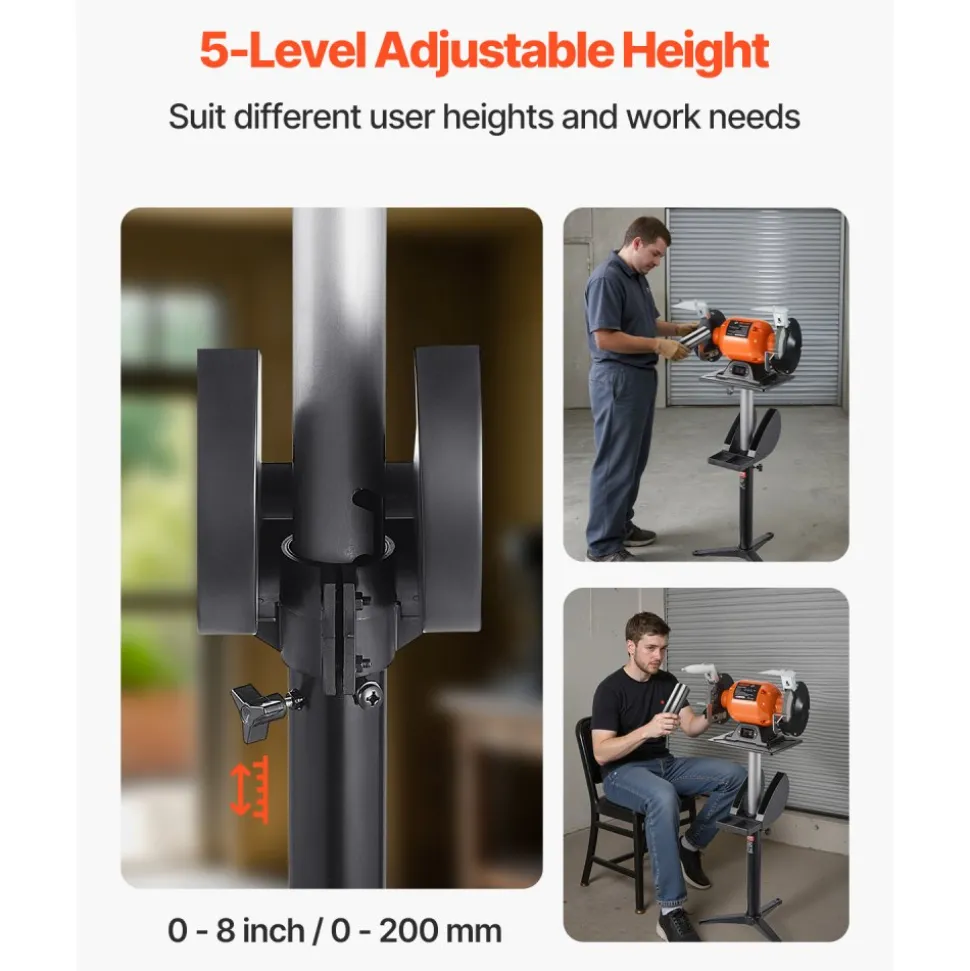VEVOR Bench Grinder Stand, Bench Grinder Vise Floor Pedestal with 12" x 10" Mounting Plate, 5-Level Height Adjustable Pedestal Stand with Grinding Wheel Storage Compartment & Heavy-Duty Cast Iron Base