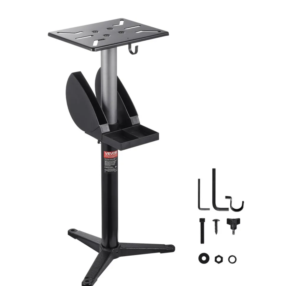 VEVOR Bench Grinder Stand, Bench Grinder Vise Floor Pedestal with 12" x 10" Mounting Plate, 5-Level Height Adjustable Pedestal Stand with Grinding Wheel Storage Compartment & Heavy-Duty Cast Iron Base
