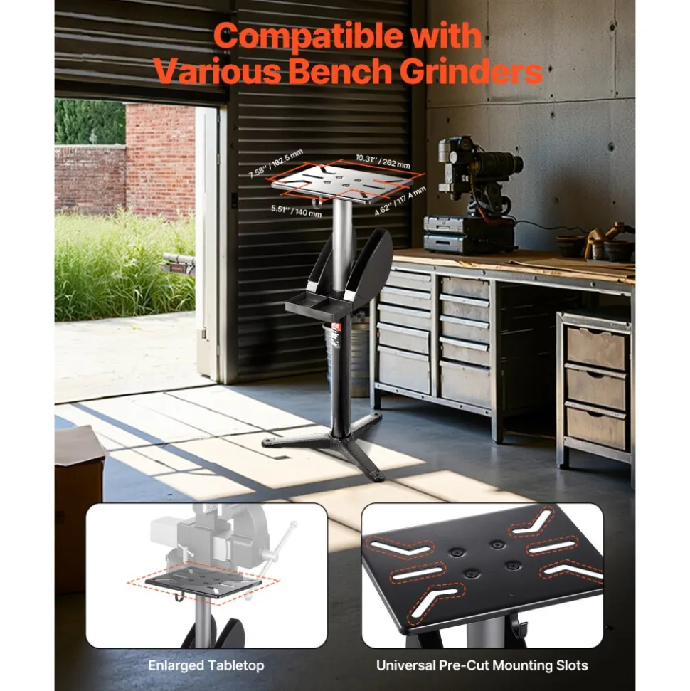 VEVOR Bench Grinder Stand, Bench Grinder Vise Floor Pedestal with 12" x 10" Mounting Plate, 5-Level Height Adjustable Pedestal Stand with Grinding Wheel Storage Compartment & Heavy-Duty Cast Iron Base
