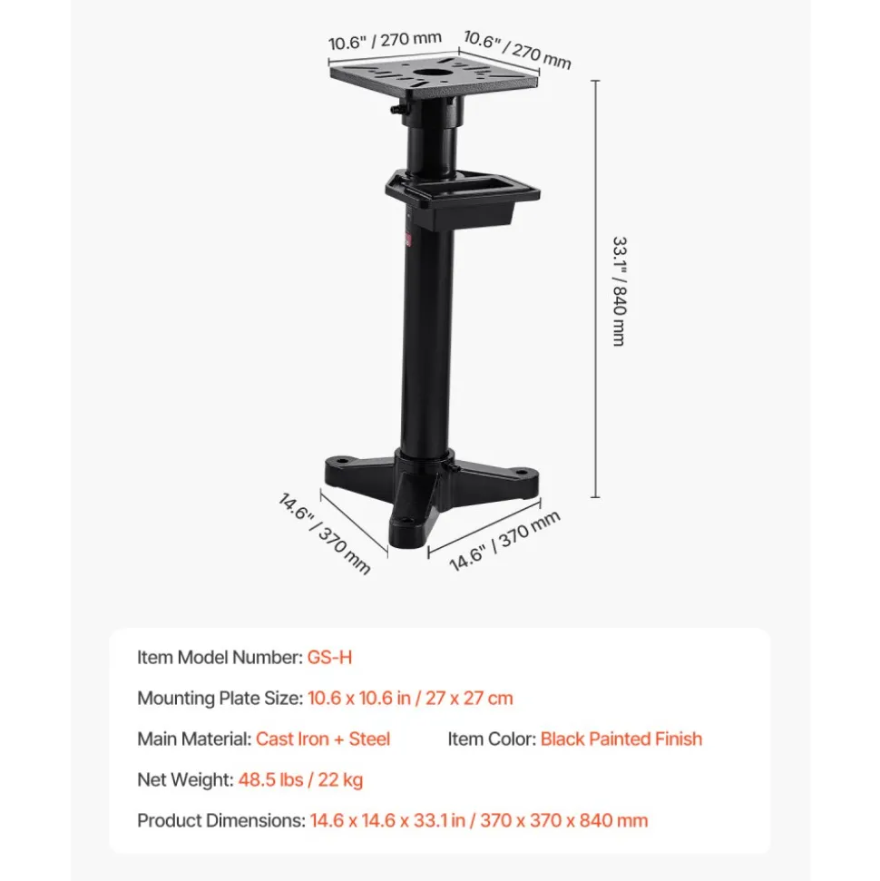 VEVOR Bench Grinder Stand, Heavy-Duty Bench Grinder and Vise Floor Pedestal with 10.6" x 10.6" Mounting Plate, Pre-Cut Mounting Slots & Water Pot, Compatible with Most Bench Grinders