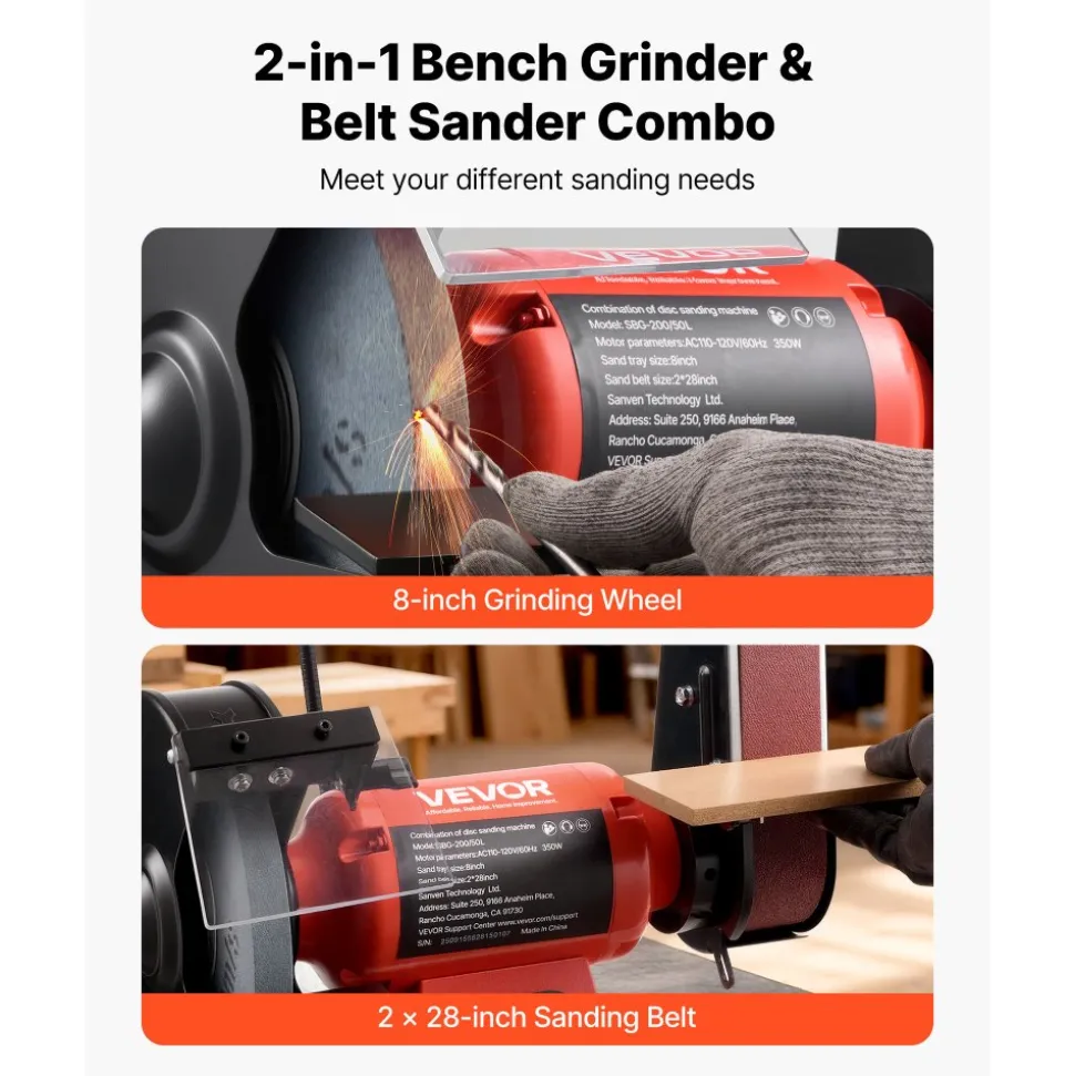 VEVOR 8" Bench Grinder & 2" x 28" Belt Sander Combo, 350W Professional Grinding Sanding Machine with LED Work Light & Protective Eye Shield for Metalworking, Woodworking, Knife Sharpening