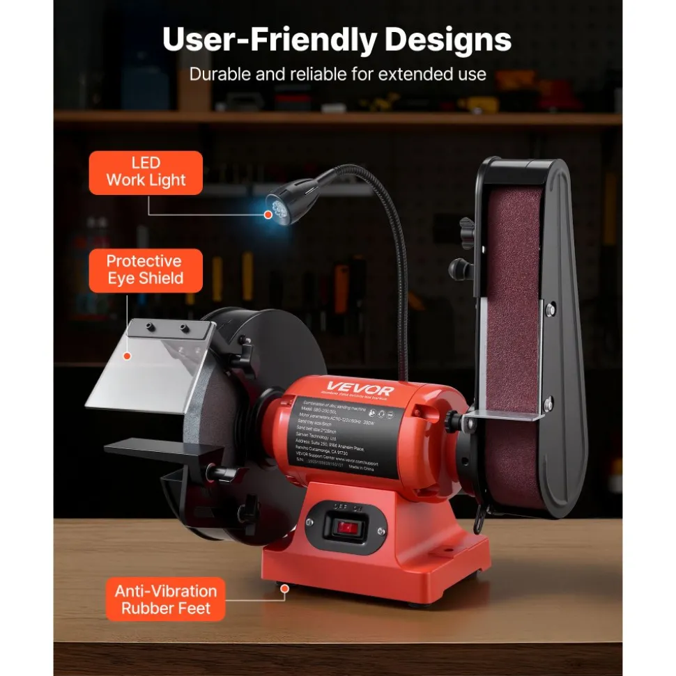 VEVOR 8" Bench Grinder & 2" x 28" Belt Sander Combo, 350W Professional Grinding Sanding Machine with LED Work Light & Protective Eye Shield for Metalworking, Woodworking, Knife Sharpening