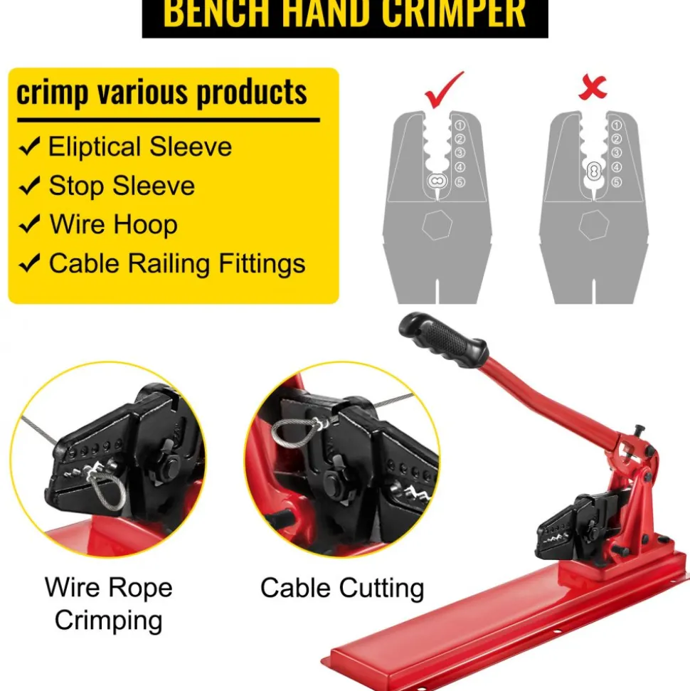 VEVOR Bench Swager Tool 24" Wire Rope Swaging Tool with Crimper Cable Bolt Cutter Head Bench Crimper 1/16"-3/16" Aluminum/Copper Sleeves Bench Cable Alloy Steel Crimper Swager for1/2" Wire Rope Fe