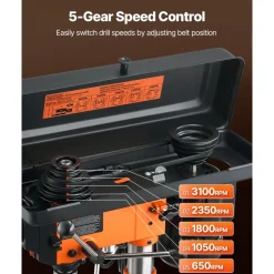 VEVOR Benchtop Drill Press, 3.2 Amp, 5-Speed Adjustable Drill Press with 650/1050/1800/2350/3100 RPM, 10-inch Swing, Cast Iron Frame, 0-45° Tiltling Worktable, Work Light, for Drilling Wood & Metal