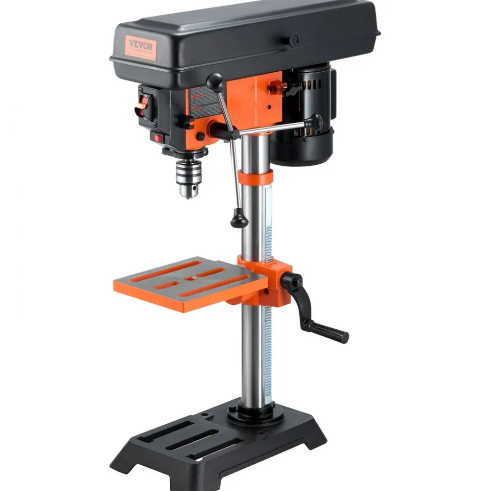 VEVOR Benchtop Drill Press, 3.2 Amp, 5-Speed Adjustable Drill Press with 650/1050/1800/2350/3100 RPM, 10-inch Swing, Cast Iron Frame, 0-45° Tiltling Worktable, Work Light, for Drilling Wood & Metal