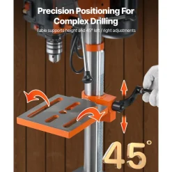 VEVOR Benchtop Drill Press, 3.2 Amp, 5-Speed Adjustable Drill Press with 650/1050/1800/2350/3100 RPM, 10-inch Swing, Cast Iron Frame, 0-45° Tiltling Worktable, Work Light, for Drilling Wood & Metal