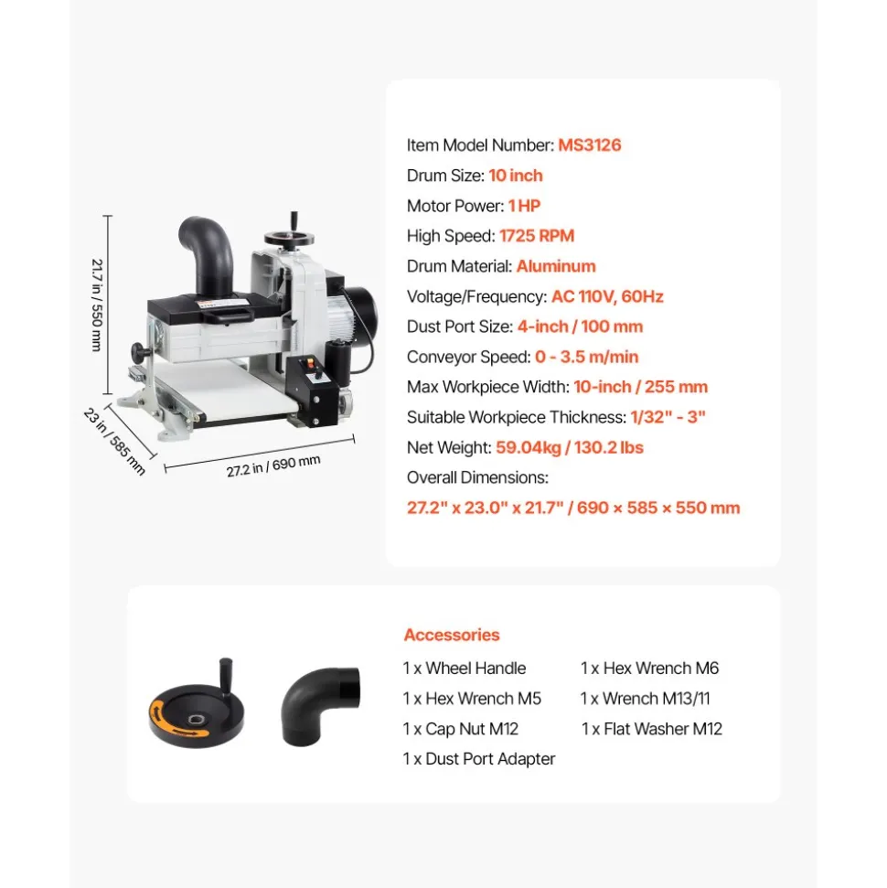 VEVOR 10" Benchtop Drum Sander, 1HP 1725RPM Dual Motor Drum Sander for Woodworking - Variable Speed Conveyor Belt & 4" Dust Collection Port for Cabinet Making & Furniture Finishing