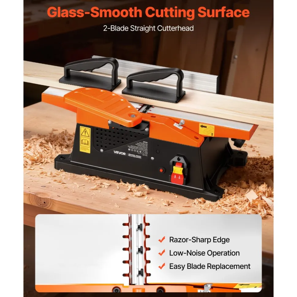 VEVOR Benchtop Jointer, 6 in, 2 HP 12000 RPM Bench Top Wood Jointer, with Straight Cutterhead, 2 HSS Blades, 6 x 23 in Cast Aluminum Table, Up to 1/8 in Depth, Adjustable Fence, for Woodworking DIY