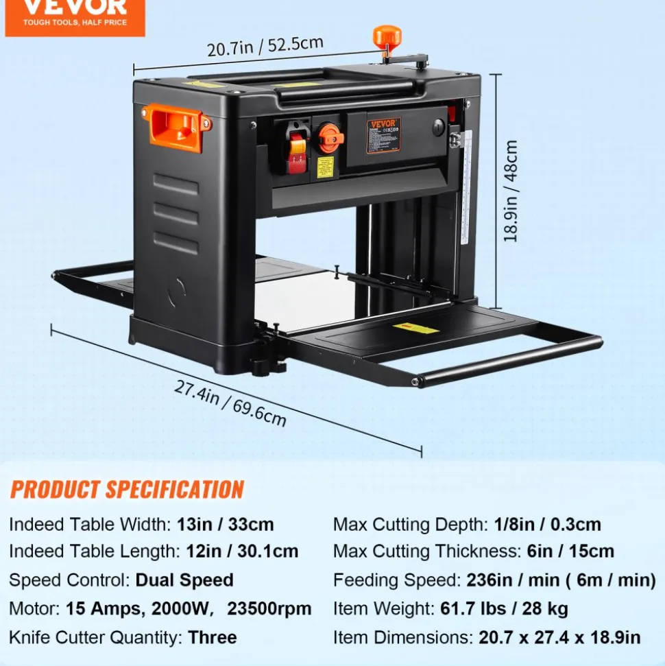 VEVOR Benchtop Thickness Planer, Dual Speed, 13" Wide Table, Equipped with Three Blades, 15-Amp 2000W Motor, Includes 12" Extended Input Table, Designed for Quiet Operation on Various Wood Types