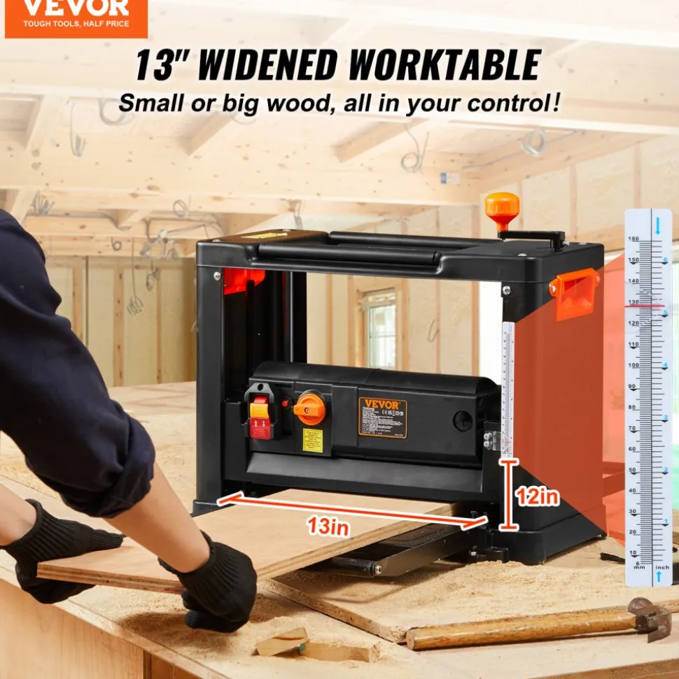 VEVOR Benchtop Thickness Planer, Dual Speed, 13" Wide Table, Equipped with Three Blades, 15-Amp 2000W Motor, Includes 12" Extended Input Table, Designed for Quiet Operation on Various Wood Types