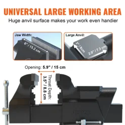 VEVOR Bench Vise, 6-inch Jaw Width 5.9-inch Jaw Opening, 360-Degree Swivel Locking Base Multipurpose Vise with Anvil, Heavy Duty Ductile Iron Workbench Vise with Bolts & Nuts, for Drilling, Pipe Cutti
