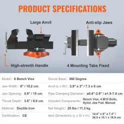 VEVOR Bench Vise, 6-inch Jaw Width 5.9-inch Jaw Opening, 360-Degree Swivel Locking Base Multipurpose Vise with Anvil, Heavy Duty Ductile Iron Workbench Vise with Bolts & Nuts, for Drilling, Pipe Cutti