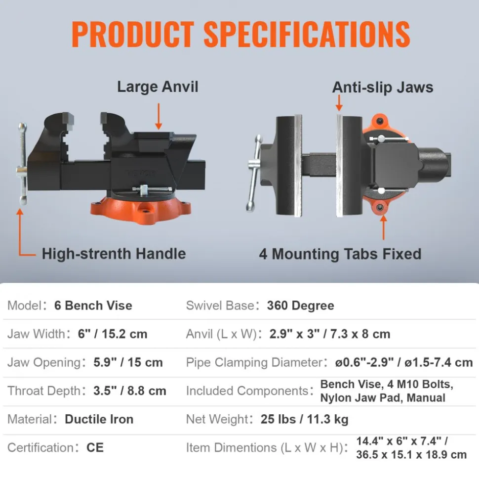 VEVOR Bench Vise, 6-inch Jaw Width 5.9-inch Jaw Opening, 360-Degree Swivel Locking Base Multipurpose Vise with Anvil, Heavy Duty Ductile Iron Workbench Vise with Bolts & Nuts, for Drilling, Pipe Cutti