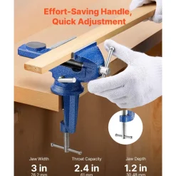 VEVOR Bench Vise, 3 Inch, Portable Workbench Vice with 360° Swivel Base, Quick Release Rotating Bench Clamp, Raised Base, Cast Iron Construction, for Woodworking, Metalworking, Drilling, and Cutting