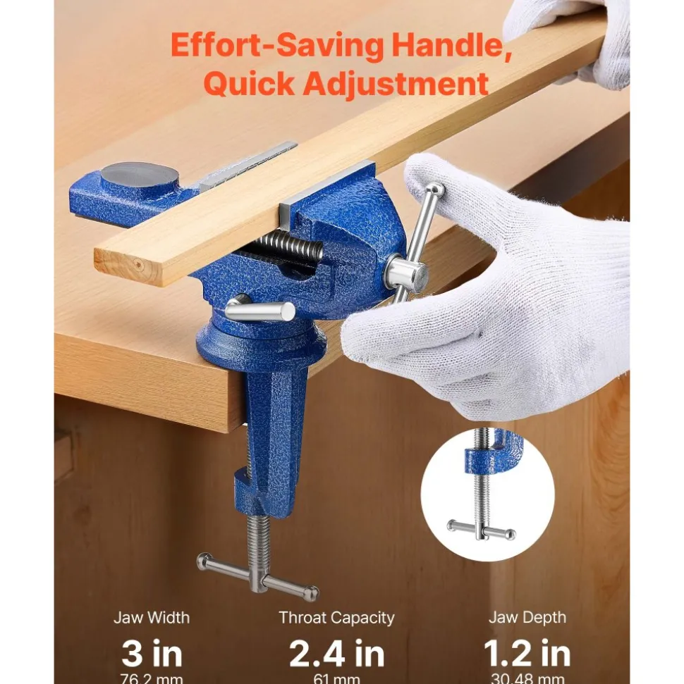 VEVOR Bench Vise, 3 Inch, Portable Workbench Vice with 360° Swivel Base, Quick Release Rotating Bench Clamp, Raised Base, Cast Iron Construction, for Woodworking, Metalworking, Drilling, and Cutting