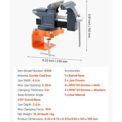 VEVOR Bench Vise, 4.5 Inch, Portable Workbench Vice with 270° Swivel Base, Quick Release Rotating Bench Clamp, Cast Iron Construction, for Woodworking, Metalworking, Drilling, Sawing, Cutting Conduit