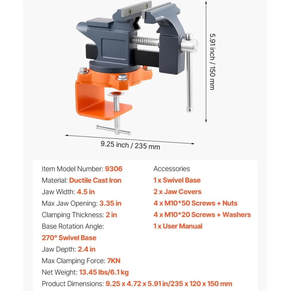 VEVOR Bench Vise, 4.5 Inch, Portable Workbench Vice with 270° Swivel Base, Quick Release Rotating Bench Clamp, Cast Iron Construction, for Woodworking, Metalworking, Drilling, Sawing, Cutting Conduit