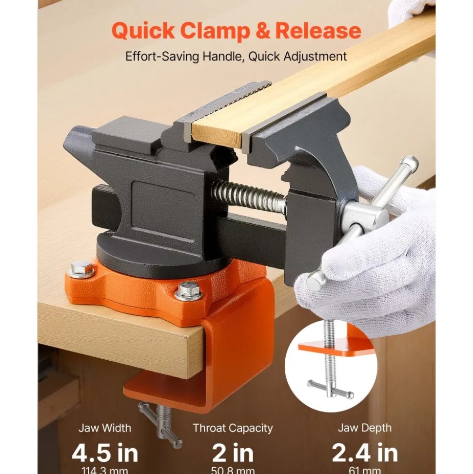 VEVOR Bench Vise, 4.5 Inch, Portable Workbench Vice with 270° Swivel Base, Quick Release Rotating Bench Clamp, Cast Iron Construction, for Woodworking, Metalworking, Drilling, Sawing, Cutting Conduit