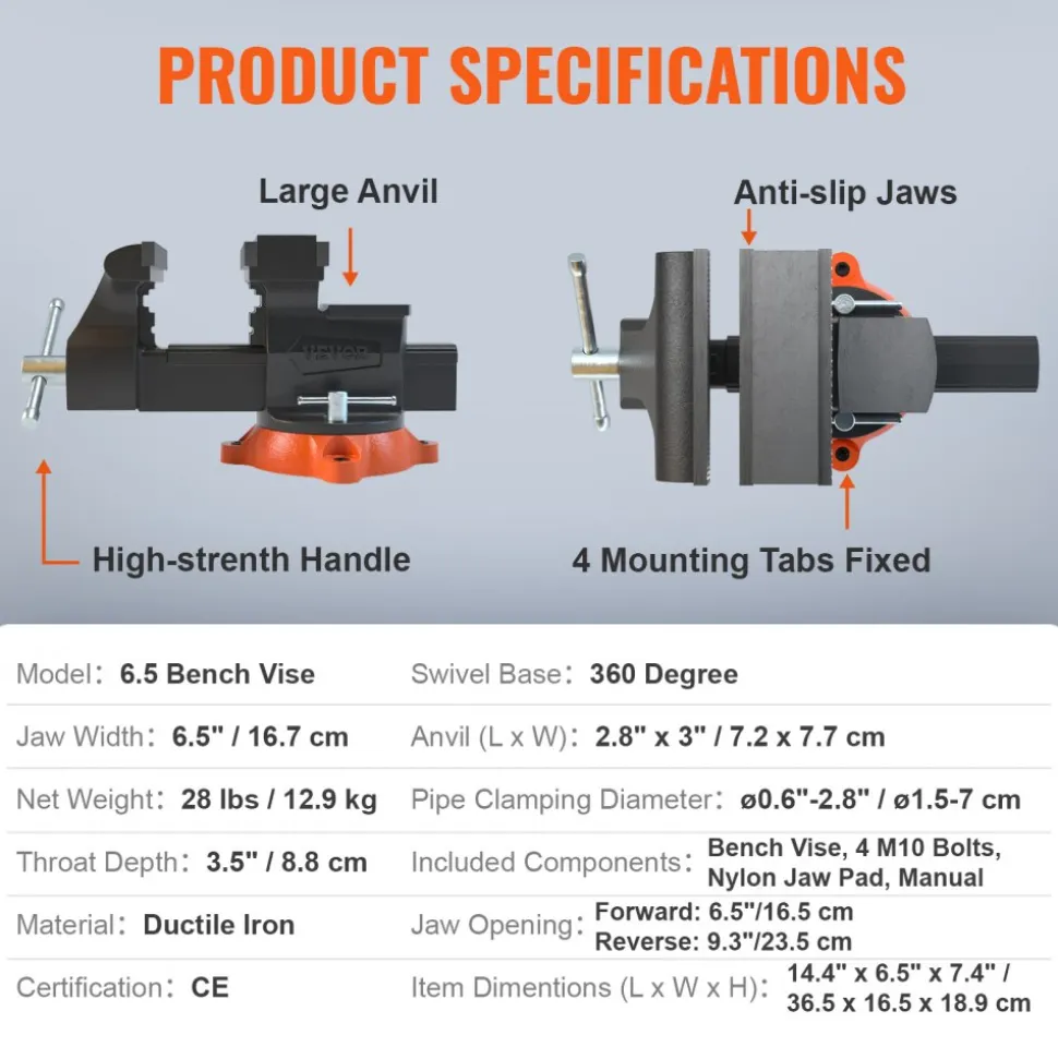 VEVOR Bench Vise, 6.5" Jaw Width 6.5" Forward &9.3" Reverse Opening, 360-Degree Swivel Locking Base Multipurpose Workbench with Anvil, Heavy Duty Ductile Iron with Bolts & Nuts, for Drilling, Pipe Cut