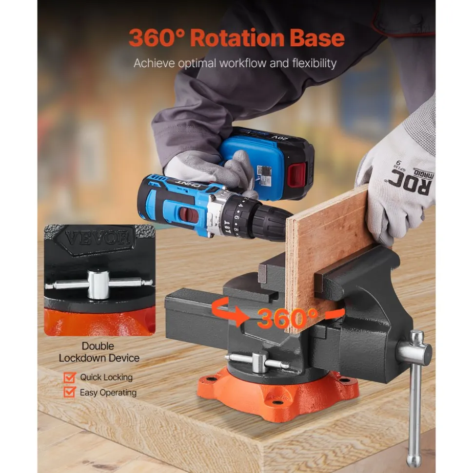 VEVOR Bench Vise, 5.5" Jaw Width, 5.5" Max Jaw Opening Multipurpose Vise with 360° Swivel Locking Base, 2.8" Throat Depth, Heavy Duty Ductile Iron Workbench Vise, Two-Way Jaws for Clamping Round Pipes