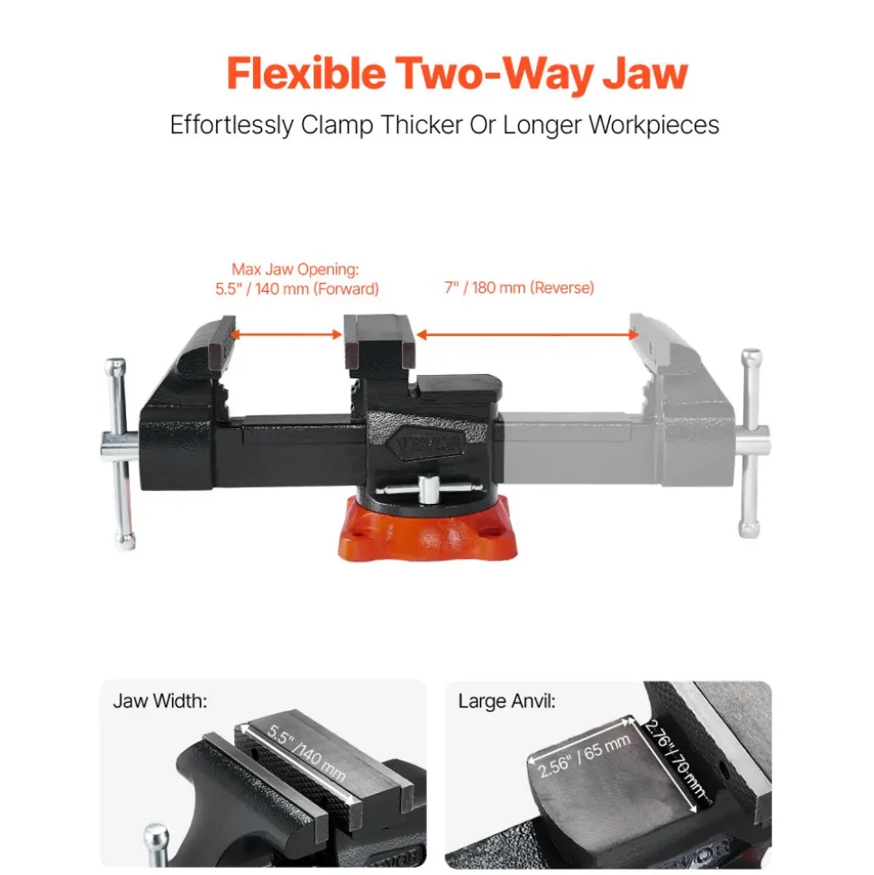 VEVOR Bench Vise, 5.5" Jaw Width, 5.5" Max Jaw Opening Multipurpose Vise with 360° Swivel Locking Base, 2.8" Throat Depth, Heavy Duty Ductile Iron Workbench Vise, Two-Way Jaws for Clamping Round Pipes