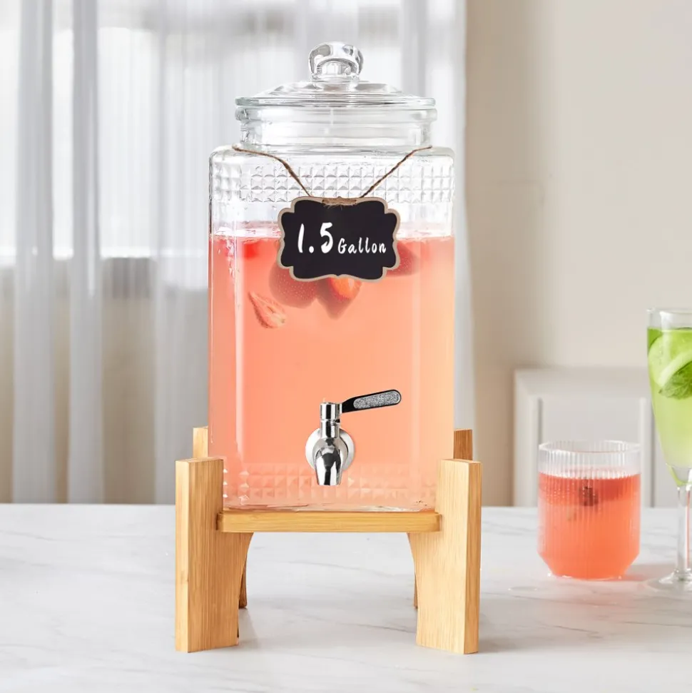 VEVOR Beverage Dispenser, 1.5 Gallon Drink Dispensers for Parties, 2PC,Glass Juice Dispenser with Stand, Stainless Steel Spigot, Iced Tea Lemonade Juice Water Dispenser, for Restaurants, Hotels, Parti