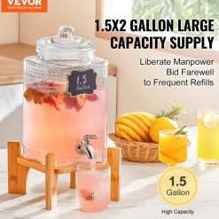 VEVOR Beverage Dispenser, 1.5 Gallon Drink Dispensers for Parties, 2PC,Glass Juice Dispenser with Stand, Stainless Steel Spigot, Iced Tea Lemonade Juice Water Dispenser, for Restaurants, Hotels, Parti