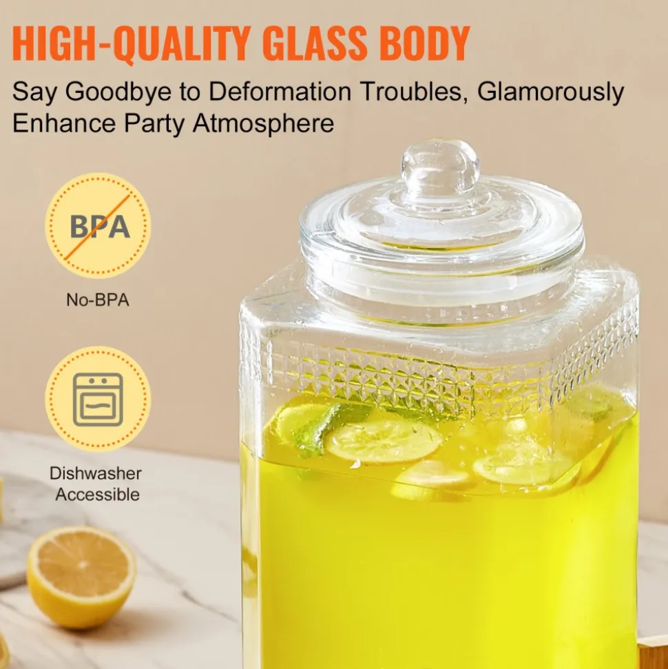 VEVOR Beverage Dispenser, 1.5 Gallon Drink Dispensers for Parties, 2PC,Glass Juice Dispenser with Stand, Stainless Steel Spigot, Iced Tea Lemonade Juice Water Dispenser, for Restaurants, Hotels, Parti