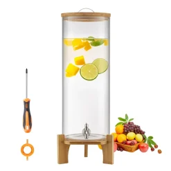 VEVOR Beverage Dispenser, 3.5 Gallon Drink Dispensers for Parties, Glass Juice Dispenser with Wood Stand, Stainless Steel Spigot, Iced Tea Lemonade Juice Water Dispensers for Parties