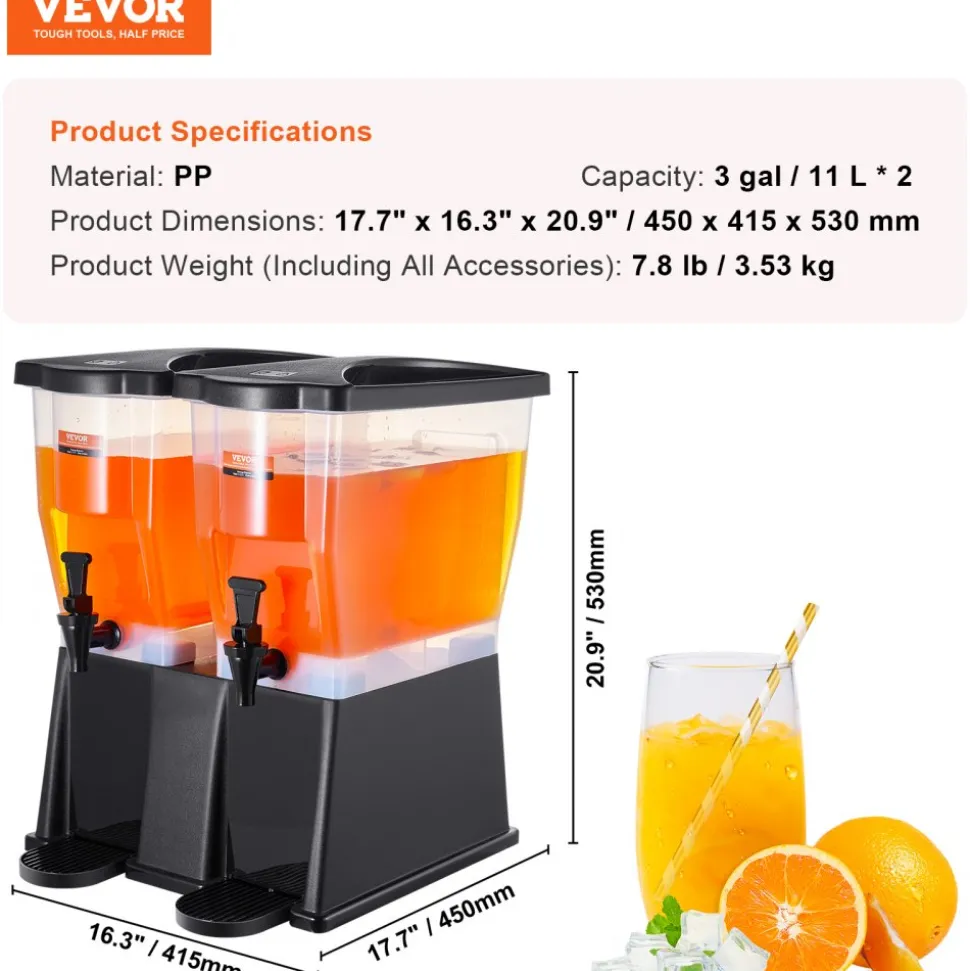 VEVOR Beverage Dispenser, 3 Gallon x 2 Drink Dispensers for Parties, Plastic Juice Dispenser with Stand Spigot Lid, Iced Tea Lemonade Juice Water Dispenser, for Restaurants, Hotels, Parties