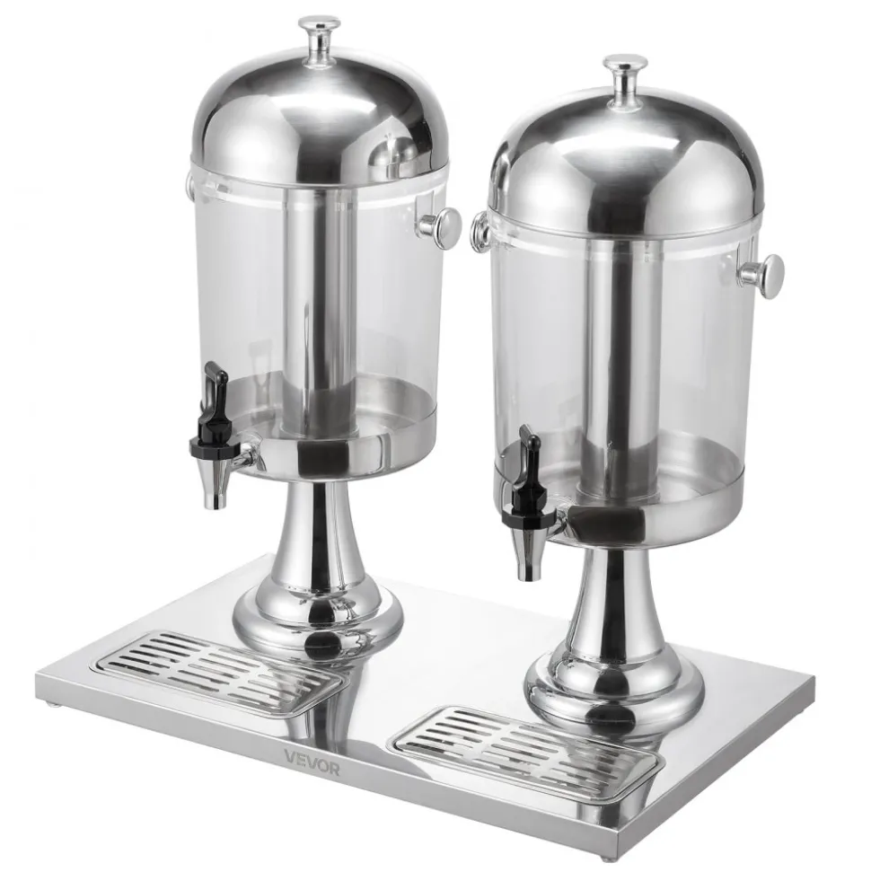 VEVOR Beverage Dispenser, 2.1 Gallon x 2 Drink Dispenser for Parties, Stainless Steel + Plastic Juice Dispensers with Spigot Ice Chamber Tray, Iced Tea Lemonade Dispensers, for Restaurants, Hotels