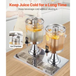 VEVOR Beverage Dispenser, 2.1 Gallon x 2 Drink Dispenser for Parties, Stainless Steel + Plastic Juice Dispensers with Spigot Ice Chamber Tray, Iced Tea Lemonade Dispensers, for Restaurants, Hotels