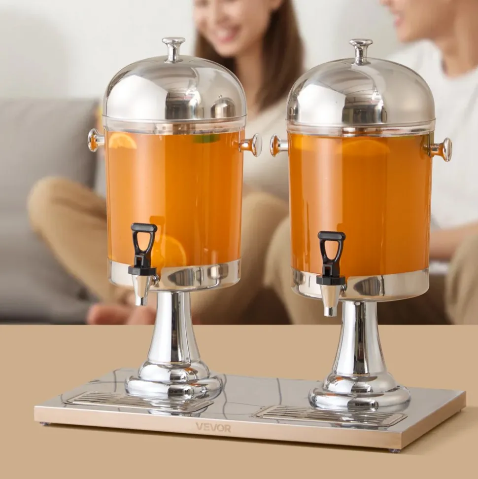 VEVOR Beverage Dispenser, 2.1 Gallon x 2 Drink Dispenser for Parties, Stainless Steel + Plastic Juice Dispensers with Spigot Ice Chamber Tray, Iced Tea Lemonade Dispensers, for Restaurants, Hotels