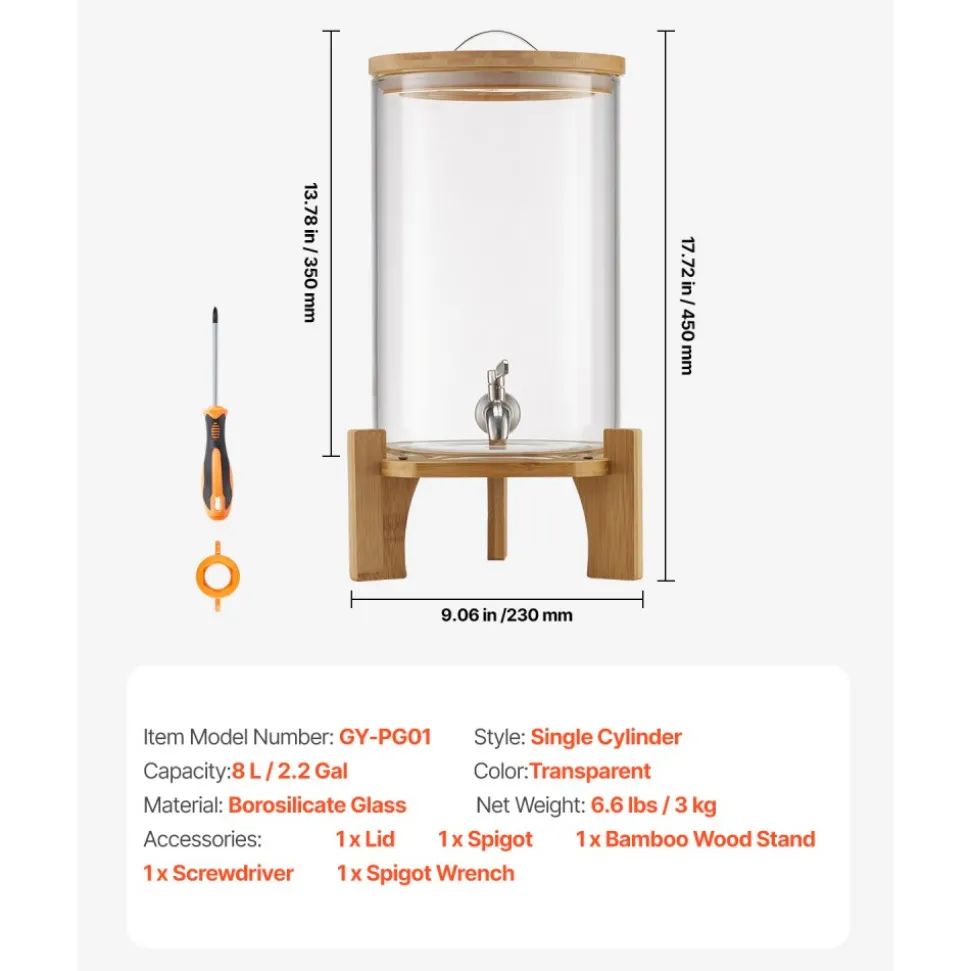 VEVOR Beverage Dispenser, 2.2 Gallon Drink Dispensers for Parties, Glass Juice Dispenser with Wood Stand, Stainless Steel Spigot, Iced Tea Lemonade Juice Water Dispensers for Parties