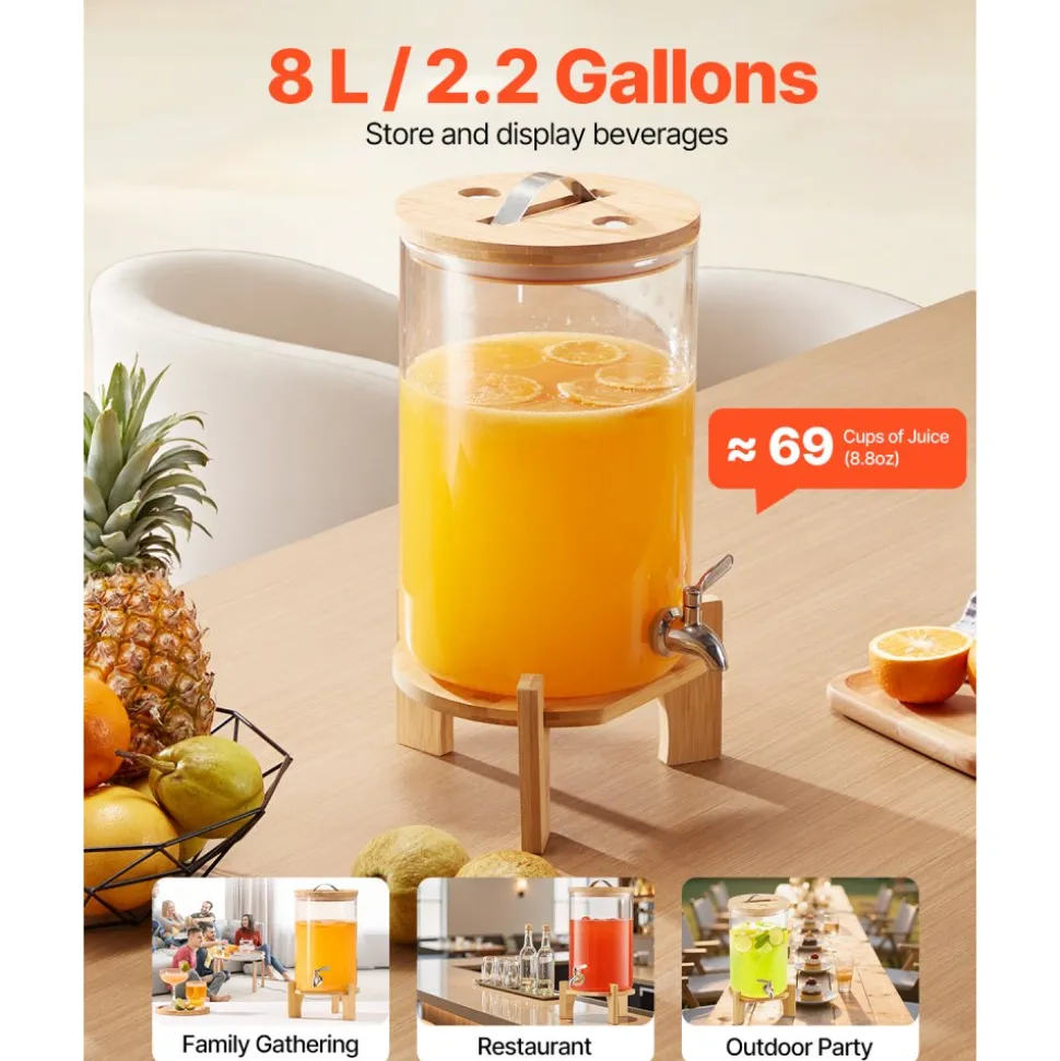 VEVOR Beverage Dispenser, 2.2 Gallon Drink Dispensers for Parties, Glass Juice Dispenser with Wood Stand, Stainless Steel Spigot, Iced Tea Lemonade Juice Water Dispensers for Parties