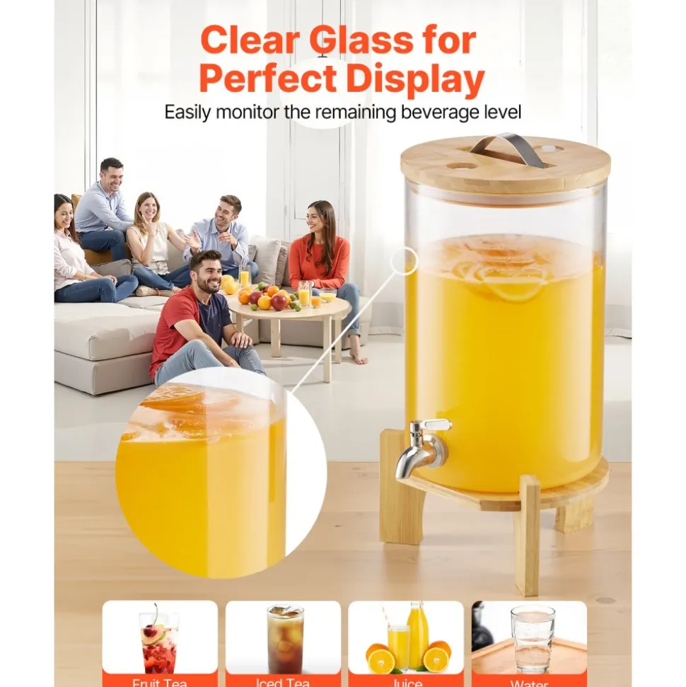 VEVOR Beverage Dispenser, 2.2 Gallon Drink Dispensers for Parties, Glass Juice Dispenser with Wood Stand, Stainless Steel Spigot, Iced Tea Lemonade Juice Water Dispensers for Parties