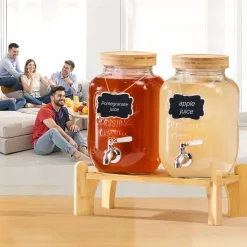 VEVOR Beverage Dispenser, 2 Pack 1 Gallon Drink Dispensers for Parties, Glass Juice Dispenser with Wood Stand, Stainless Steel Spigot, Infuser, Iced Tea Lemonade Juice Water Dispensers for Parties
