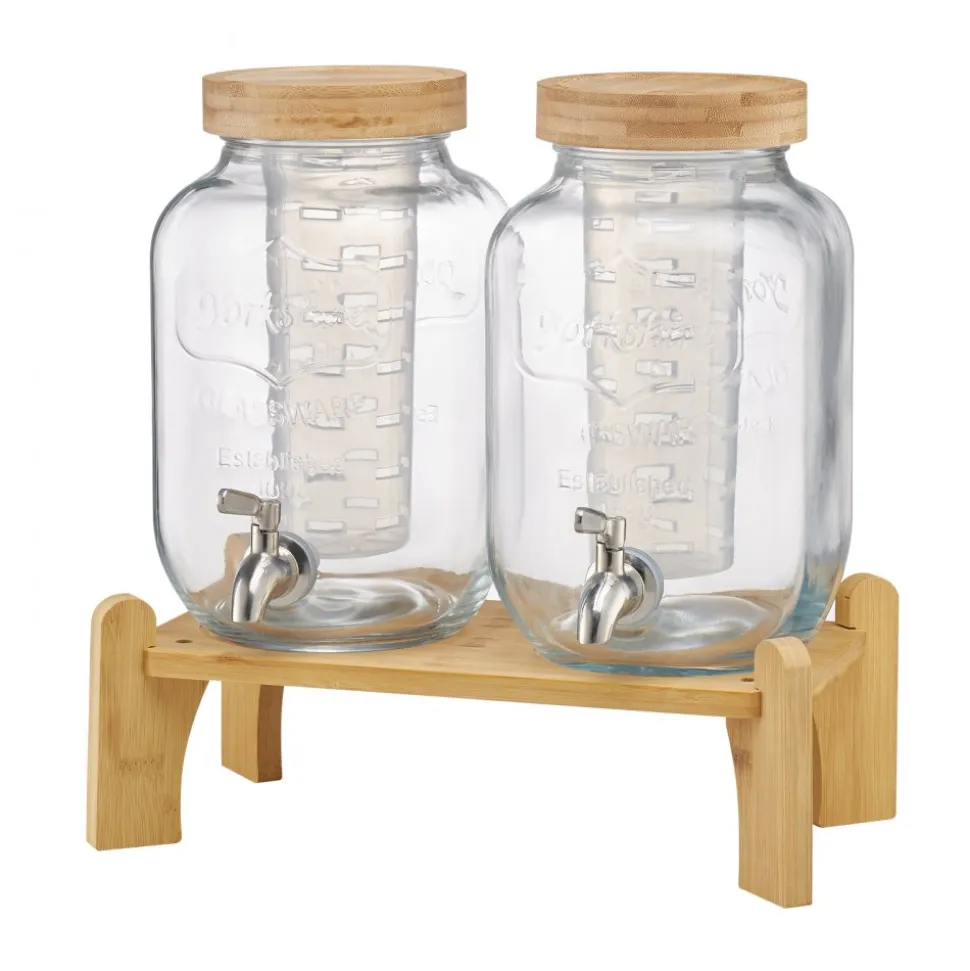 VEVOR Beverage Dispenser, 2 Pack 1 Gallon Drink Dispensers for Parties, Glass Juice Dispenser with Wood Stand, Stainless Steel Spigot, Infuser, Iced Tea Lemonade Juice Water Dispensers for Parties