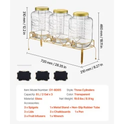 VEVOR Beverage Dispenser, 3 Pack 2 Gallon Drink Dispensers for Parties, Glass Juice Dispenser with Metal Stand, Stainless Steel Spigot, Infuser, Iced Tea Lemonade Juice Water Dispensers for Parties