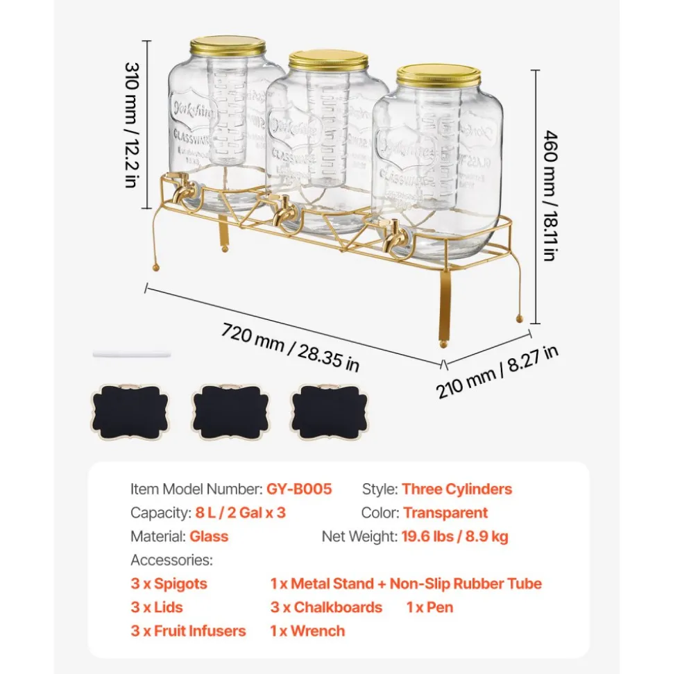 VEVOR Beverage Dispenser, 3 Pack 2 Gallon Drink Dispensers for Parties, Glass Juice Dispenser with Metal Stand, Stainless Steel Spigot, Infuser, Iced Tea Lemonade Juice Water Dispensers for Parties
